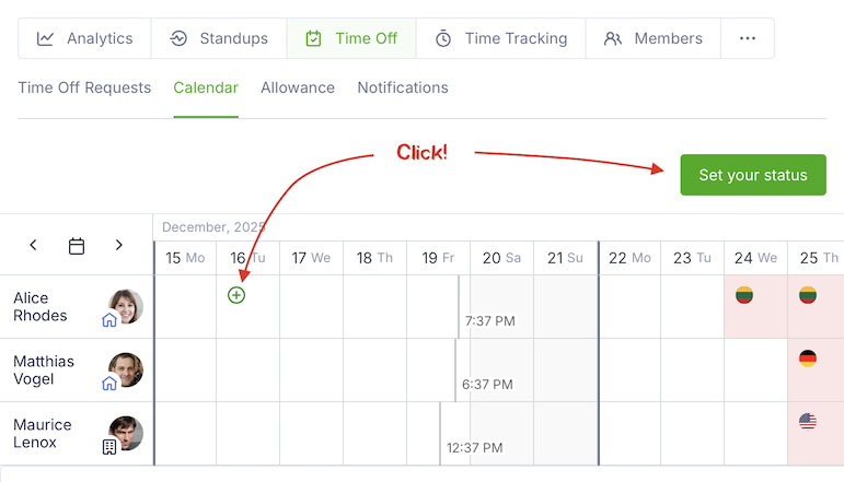 Requesting time off from the team calendar