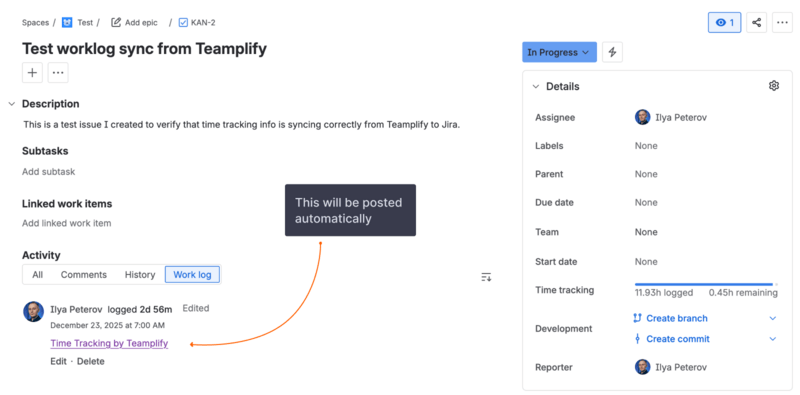 Jira worklog created by Teamplify