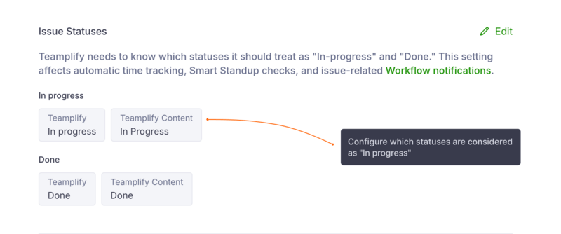 Status configuration in Teamplify showing which statuses are mapped to in-progress