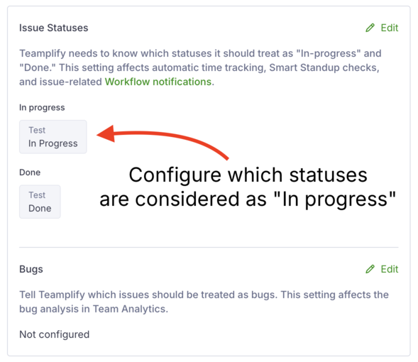 Status configuration in Teamplify showing which statuses are mapped to in-progress
