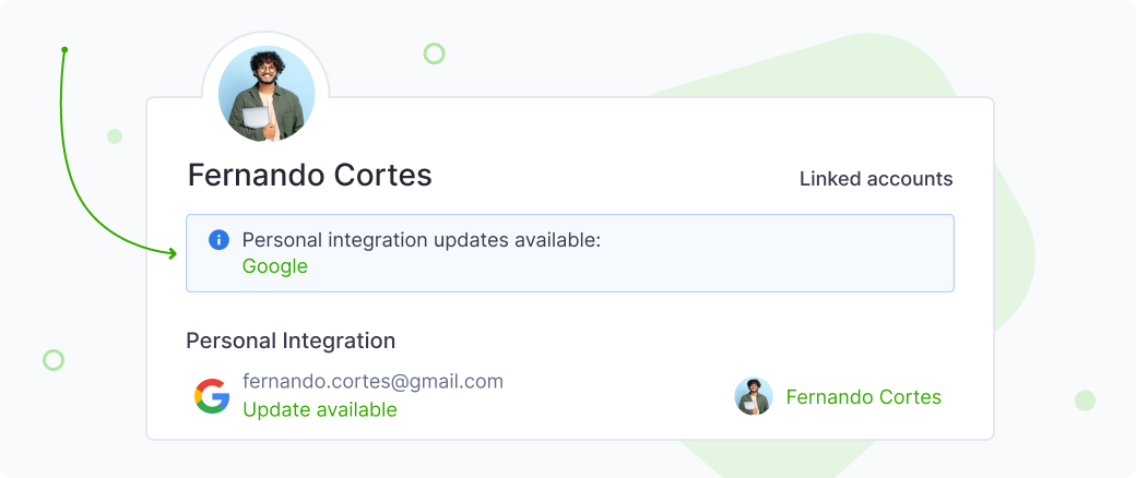 Profile page showing Google integration update notice in the Linked Accounts section
