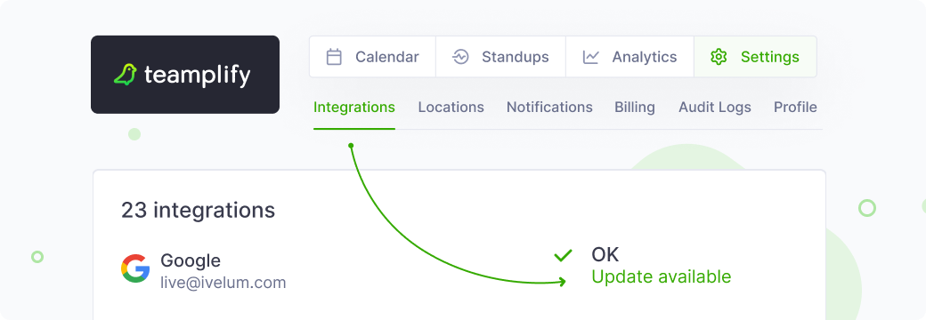 Workspace integrations settings page showing Google integration with available update