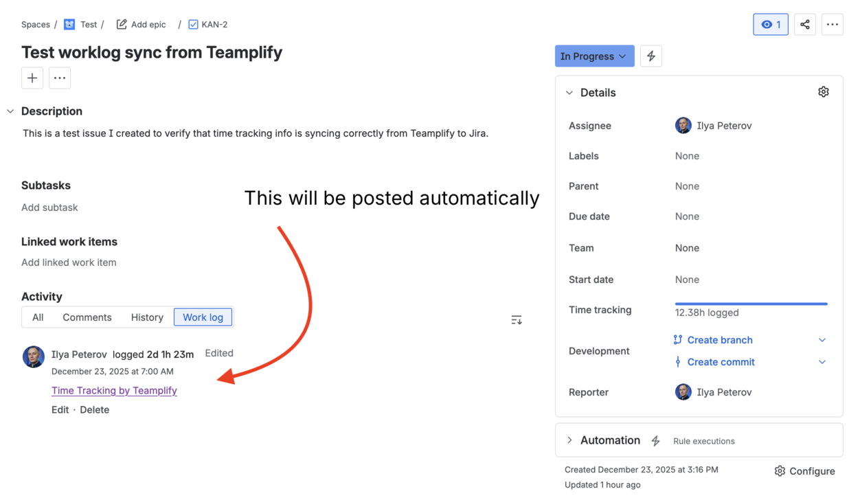 Jira worklog created by Teamplify