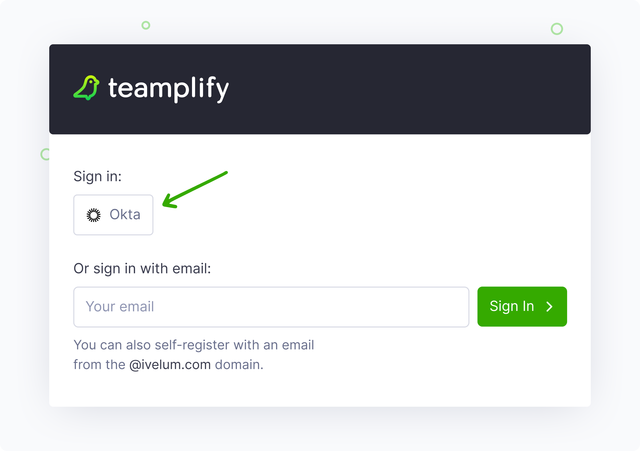 Teamplify sign in form with an Okta button
