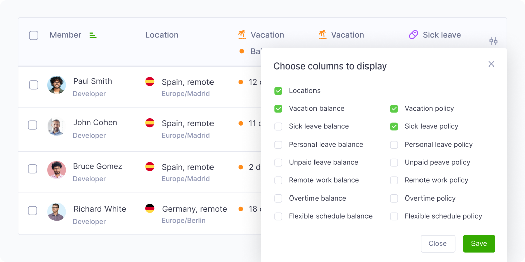 Time off allowance – choose columns to display