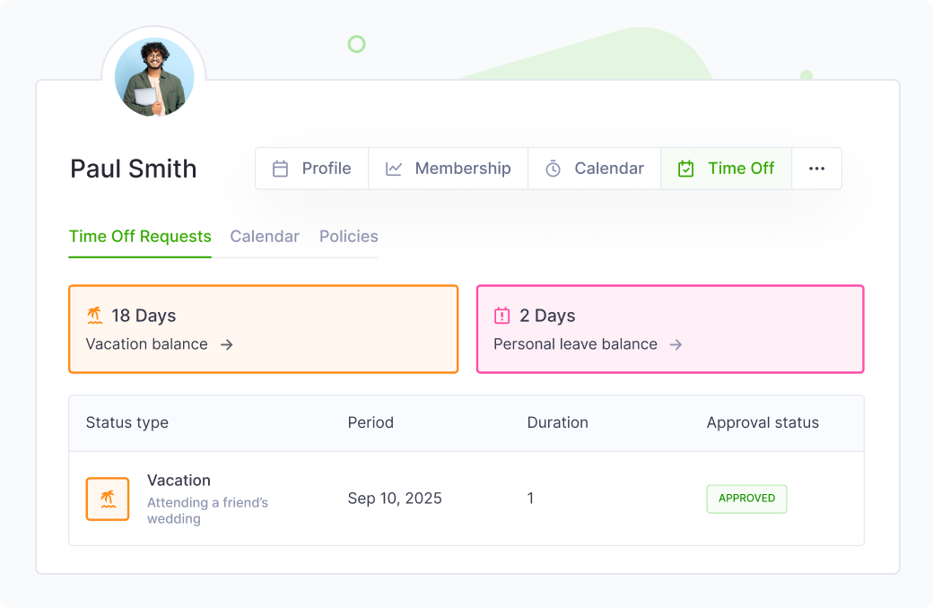 Time off requests balance in a user profile